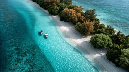Poster - Two boats float peacefully near a beautiful sandy shoreline, surrounded by vibrant green trees and crystal clear turquoise water. This tranquil landscape reflects a perfect sunny day