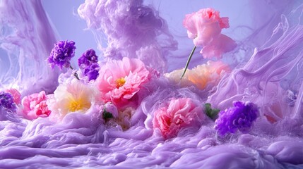 Poster - Close-up pastel flowers over flowing purple ink design, dreamy visual aesthetic in soft focus