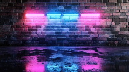 Poster - Bright pink and blue neon rays on textured brick wall with reflections on glossy asphalt