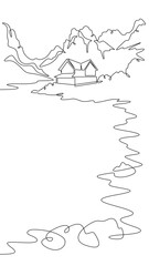 Fototapete - Continuous one line drawing house on the lake shore.Mountain lake.House by the water.Vertical picture.One continuous line isolated minimal vertical illustration.Not AI.