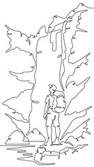 Poster - continuous one line drawing a tourist stands at the foot of a waterfall.a traveler with a backpack.a
