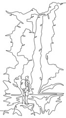 Poster - continuous one line drawing a tourist stands at the foot of a waterfall.a traveler with a backpack.a