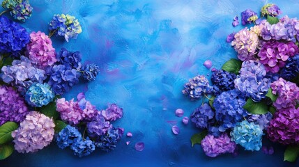 Poster - Blue and lilac hydrangeas blooming on an ethereal ink backdrop, a blend of softness and detail