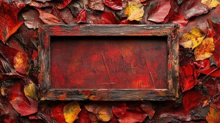 Poster - Autumn foliage in red and rust colors painted in watercolor, artistic frame with blank center