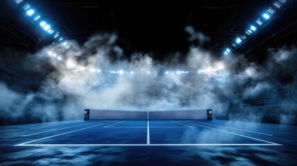 Aufkleber - Atmospheric tennis arena with glowing lights and fog for dramatic effect