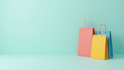 Poster - Subscription Business Model. Two Bags of Prosperity. Isolated background, copyspace.. Two empty bags sit against blank wall, symbolizing lack of financial prosperity in subscription business.