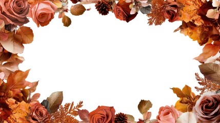 Poster - Artistic fall floral frame with watercolor roses and autumn leaves around edges, white space center