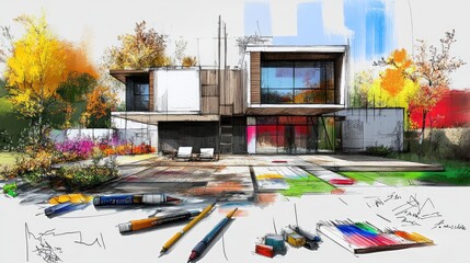 Poster - Architectural sketch in progress with creative colorful background and fall nature elements