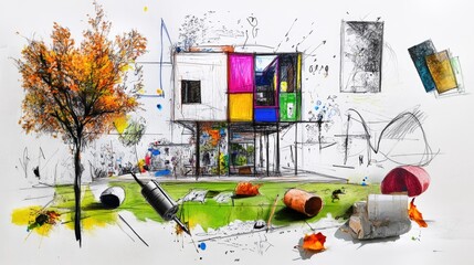 Poster - Architectural sketch in progress with creative colorful background and fall nature elements