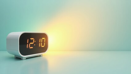 Aufkleber - Sunrise Alarm Clock. Dawn breaks slowly. Isolated background, copyspace.. Lone alarm clock stands vigil, its bright yellow glow heralding new dawn amidst morning calmness.