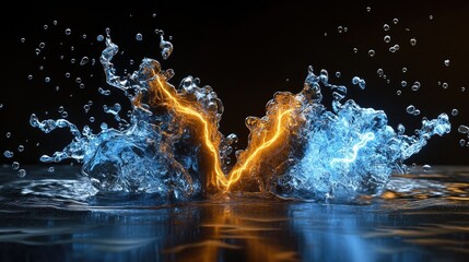 Poster - Abstract split lightning energy, orange flames meet icy blue electricity in chaos