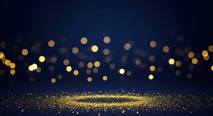 Poster - Golden glitter on a dark blue background with bokeh lights. Holiday advertisement or invitation card background. Glamour and festive shiny decoration concept.