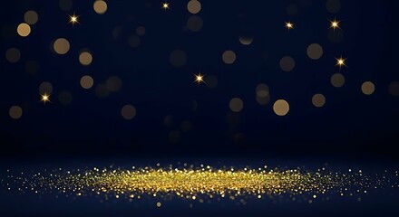 Poster - Golden glitter on a dark blue background with bokeh lights. Holiday advertisement or invitation card background. Glamour and festive shiny decoration concept.