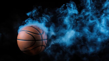 Poster - Abstract color smoke rising behind basketball on black, dramatic sports banner c