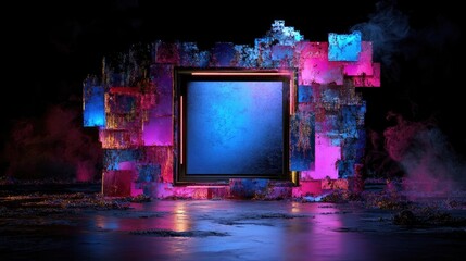 Poster - Abstract 3D futuristic frame with blue and pink lights layered on dark structure