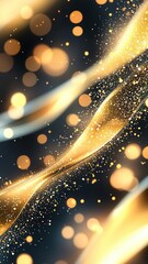 Poster - Golden particles flowing and forming abstract waves on a dark background, creating a luxurious and elegant atmosphere
