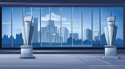 Poster - Future city with android statues showcasing advanced robotic technology and architectural design in a conceptual futuristic building