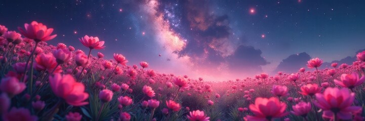 Wall Mural - Cosmic field, vibrant galaxy flowers bloom, ethereal reflection , space, night, flowers