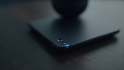 Poster - Syncler. Glowing tech convergence. Trend product close-up. Glowing laptop on table holds mysterious black sphere, symbolizing technological convergence and mystique within simplicity.