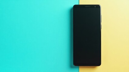 Poster - Termux. Mobile Security Device. Trend product close-up. Sleek mobile security device sits on vibrant blue and yellow background, exuding trust and protection.