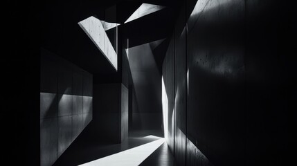 Poster - abstract low polygon geometric tunnel passage in monochromatic illumination and minimalistic shapes 