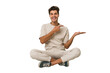 © Asier - Young caucasian man sitting on the floor isolated on white background excited holding a copy space on palm.