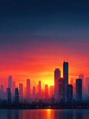 Poster - A vibrant sunset illuminates the dark silhouette of a modern city skyline reflected in the calm water below at the end of the day in summer.