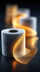 Fototapete - Rolls of reflective textured material are presented on a dark surface with an ethereal warm glow highlighting the curvature of the rolls.