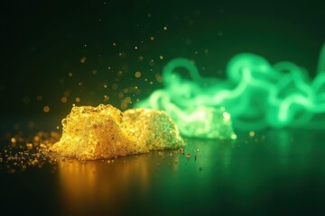 Poster - Gold particles. Green smoke. Abstract texture. Digital background. Technology theme. Modern aesthetic. Dark mood. Scientific concept. Creative design. Visual art. Stock image.