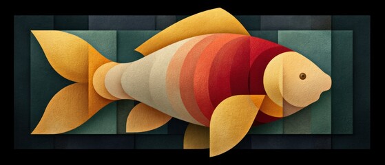 Aufkleber - An abstract illustration of a stylized fish with textured geometric shapes against a dark teal tile background shows vibrant colors.