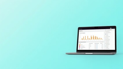 Poster - Tiktok Analytics Tools. Visualizing business insights.. Isolated background, copyspace.. Laptop displays business analytics on blue surface, symbolizing clarity and insight into commercial success.