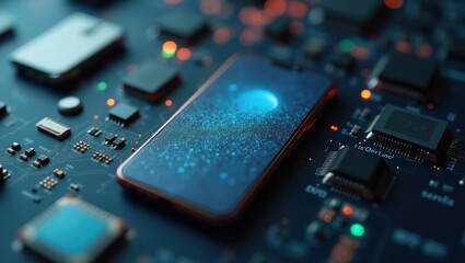 Fototapete - Time Complexity. Technical Evolution. Trend product close-up. Phone sits among intricate electronics, symbolizing humanitys rapid progress through technology and times relentless complexity.
