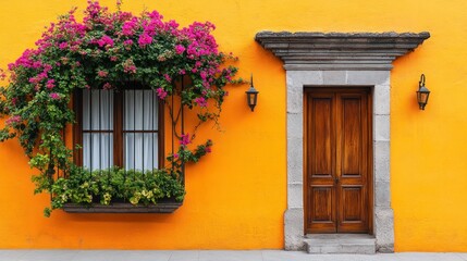 Vibrant orange building with a window and door adorned with bougainvillea