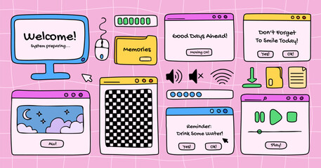 Poster - Computer windows and open dialog frames doodles, screen, folders and other pc user interface signs and symbols. Graphic colorful vector design elements, hand drawn, retro style.