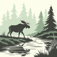 Naklejka na meble A serene illustration of a moose standing by a winding stream in a forested landscape