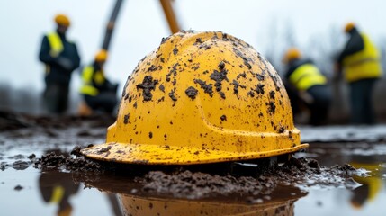 a close-up view of a muddy yellow hard hat resting in water at a construction site, highlighting the