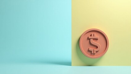 Poster - Tokenization. Symbolic financial loss. Isolated background, copyspace.. Single coin on wall bears weight of dollar sign, representing financial loss and emptiness.