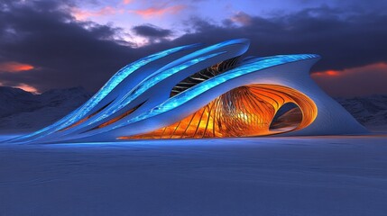 Poster - futuristic architectural visualization with blue illuminated curved structures and a glowing orange 