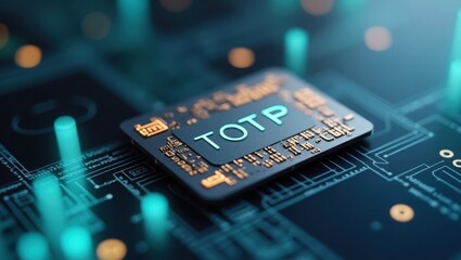 Fototapete - Totp. IoT microchip. Trend product close-up. Small microchip displays word IoT at its core, revealing cutting-edge technologys intimate presence.