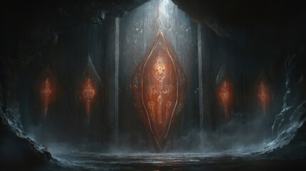 Poster - mystical portal with ethereal glow casting sparkling illumination in dark cavern backdrop for immers