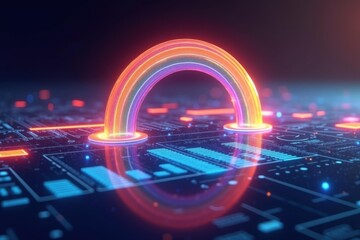 Poster - Circuits ignite rainbow.. Rainbow ignites on motherboard-like circuit board with numerous tiny lights, symbolizing inner beauty sparking innovation.