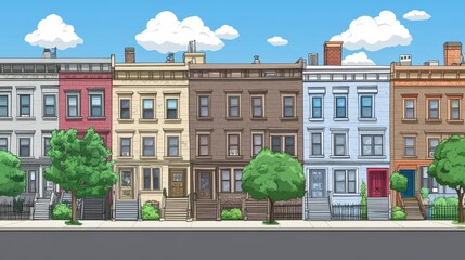 Poster - Charming cartoon row houses with pixelated clouds offering nostalgia for a simpler time reflecting city architecture and community