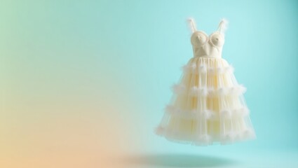 Poster - Tulle Dress. Ethereal White Wings. Isolated background, copyspace.. Delicate white tulle dress adorned with ethereal white angel wings floats in empty space.