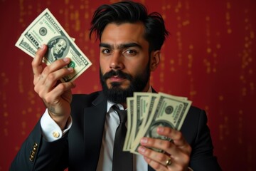 Poster - Man holds cash. Man proudly displays pile of wealth symbolizing success and prosperity in his outstretched hand grasp.