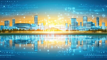 Fototapete - futuristic urban landscape with luminous data streams and cityscape reflections creating a cutting e