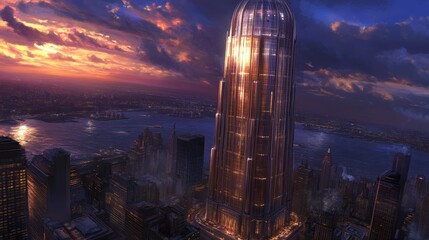 Poster - futuristic megacity vista at sunset with towering structures and glowing skyline representing innova