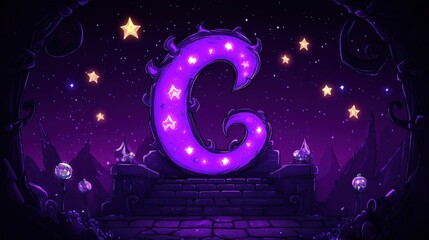 Poster - Neon Initial Pixel Style C Letter with Glittering Stars Abstract Night Background for Tech Cyberpunk Aesthetic Gaming and Retro Digital Art Design