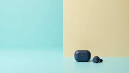 Poster - TWS Earbuds. AirPods Isolation. Isolated background, copyspace.. Pair of earbuds, isolated and alone, sits in void, symbolizing disconnection and mental solitude.
