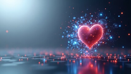 Poster - Ubiquitous Learning. Embers of Insight. Trend product close-up. Glowing heart surrounded by red and blue lights symbolizes warm spark of learning and insight found.