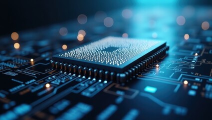 Fototapete - Ultralytics. Circuit Board Illumination. Trend product close-up. Glowing electronic circuit board symbolizes innovation and mental clarity in serene, modern domestic setting environment.